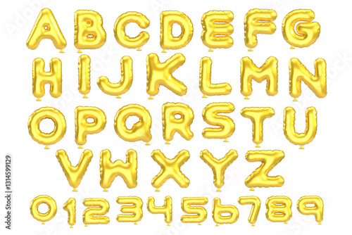 3d style vector of inflated glossy yellow gold metallic balloon alphabet and numbers on white background