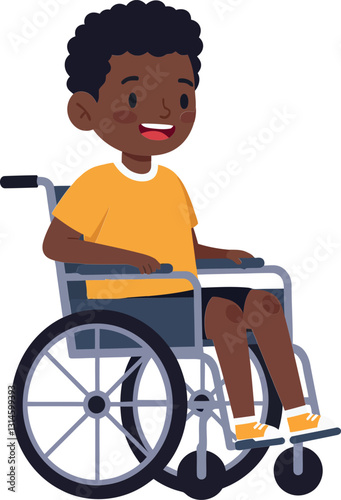 Young boy in a wheelchair smiling cheerfully, flat design vector illustration showcasing mobility and joy