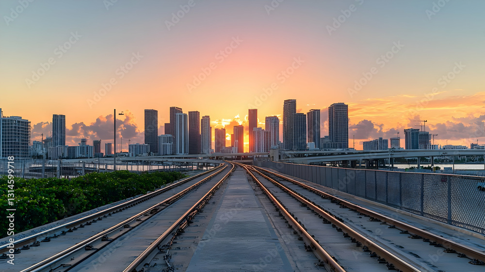 Miami Cityscape At Golden Hour With Converging Train Tracks And Skyscrapers Against Colorful Sunrise Sky Miami Cityscape At Golden Hour With Converging Train Tracks And Skyscrapers Against Colorful Sunrise Sky