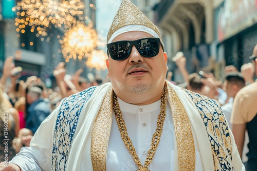 Festive Grandeur: A man in ornate robes and sunglasses exudes an aura of authority and celebration amidst a bustling street scene, symbolizing extravagance and cultural richness.