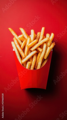 Crispy golden french fries in a red paper container on a vibrant red background top view studio shot delicious snack fast food indulgence