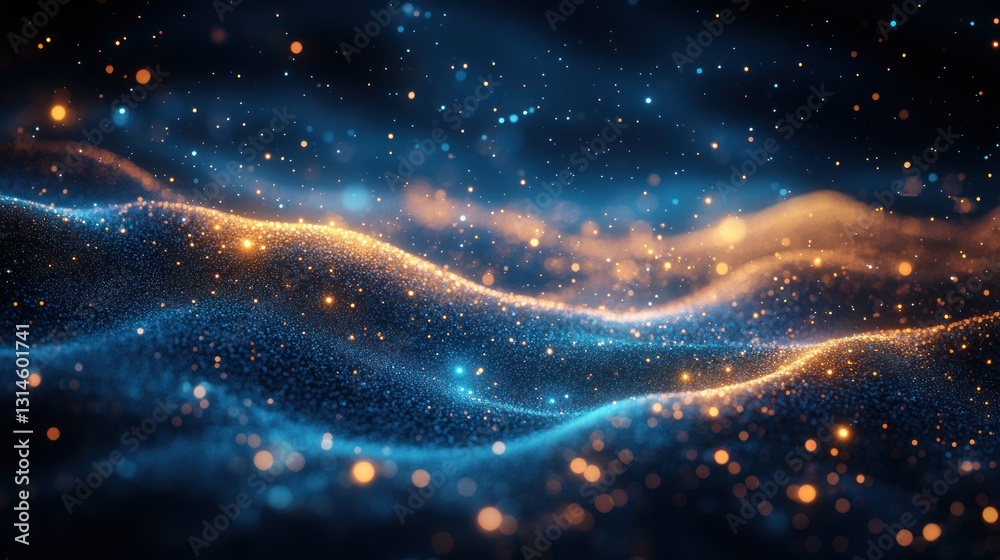 Fototapeta premium Abstract Cosmic Landscape: Glittering Nebula in Blue and Gold