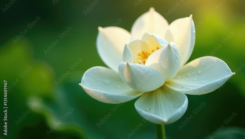 Delicate white petals unfolding in morning dew, bloom, serene Delicate white petals unfolding in morning dew, bloom, serene