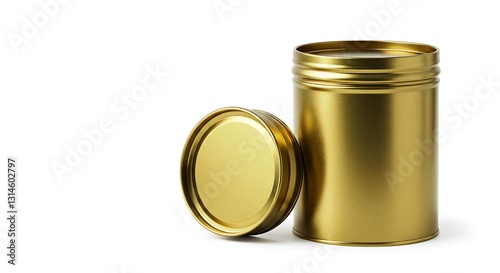 Gold Metal Food Storage Tin with Lid on White Background