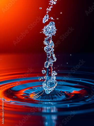 Tropfenfotografie - Wassertropfen bilden eine Krone in blau und orange vor hellem Hintergrund