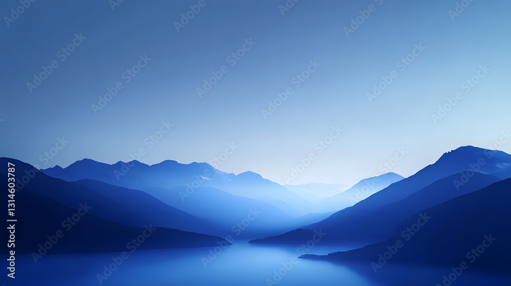 Obraz premium A serene blue landscape featuring distant mountains and a calm body of water, creating a tranquil atmosphere.