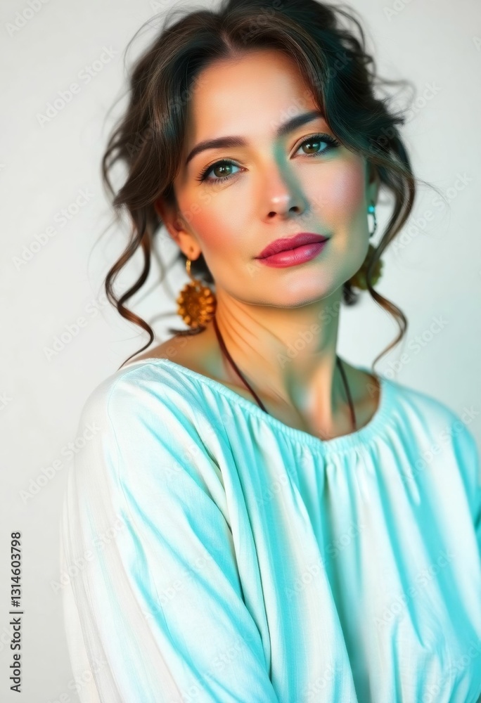 Woman with wavy brunette hair and golden hoop earrings Woman with wavy brunette hair and golden hoop earrings