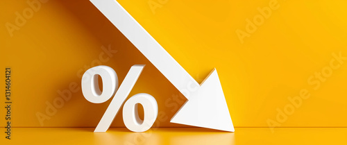 White percentage symbol and downward arrow against yellow background, showcasing decline, decrease, or reduction concept
