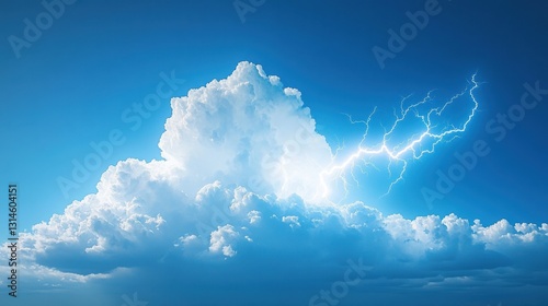 Fototapeta Naklejka Na Ścianę i Meble -  Dramatic sky with fluffy clouds and a powerful lightning strike illuminating the blue expanse nature scene