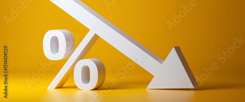 White percentage symbol with downward arrow on yellow background, showcasing declining percentage, representing decrease, reduction, or loss, ideal for financial or economic concepts