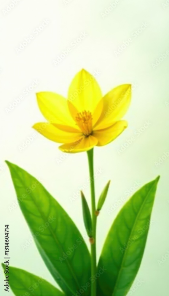 Obraz premium Delicate yellow flower amidst lush green leaves on a soft white background, spring, garden, yellow