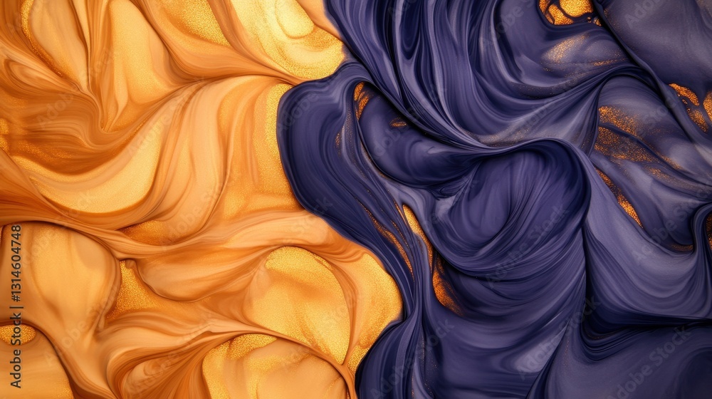 Golden And Navy Swirls Merge In Artistic Fluidity.