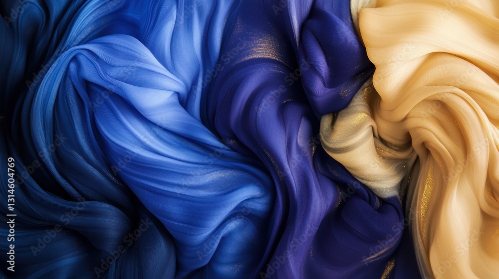 Luxurious Blue And Gold Fabric-Like Flowing Patterns.