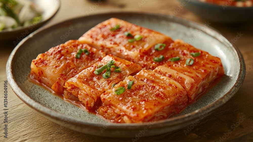 Korean Kimchi slices on plate, food prep, side dish, other Asian foods in background Korean Kimchi slices on plate, food prep, side dish, other Asian foods in background