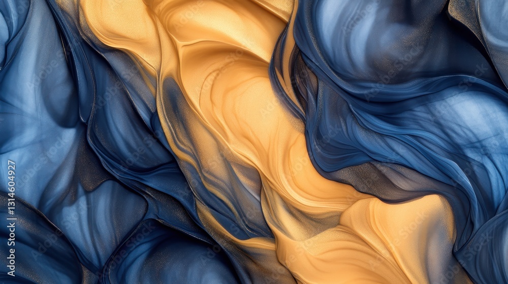 Abstract Waves Of Blue And Gold Create Visual Depth.