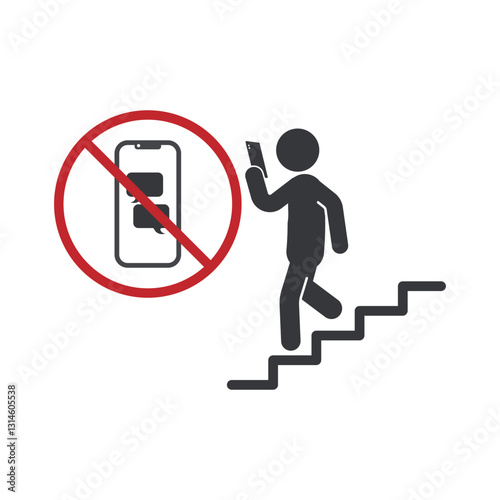 Isolated illustration of a prohibition safety sign warning against texting or chat on phone while on the stairs