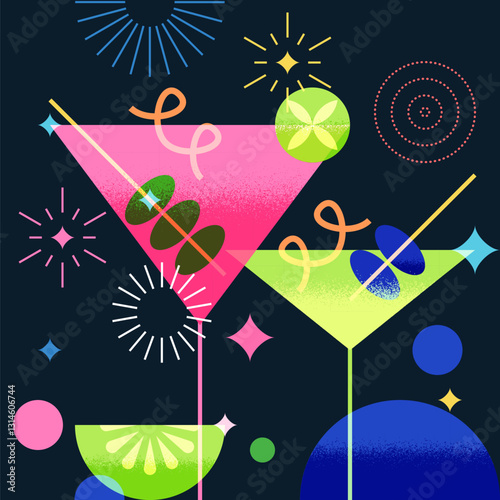 Bar banner, poster martini margarita cocktails with olives. Night party vector illustration. Alcoholic drinks menu