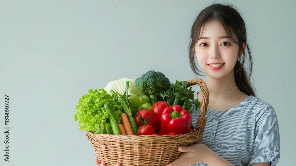 かごに入った野菜を持つ日本人美少女
