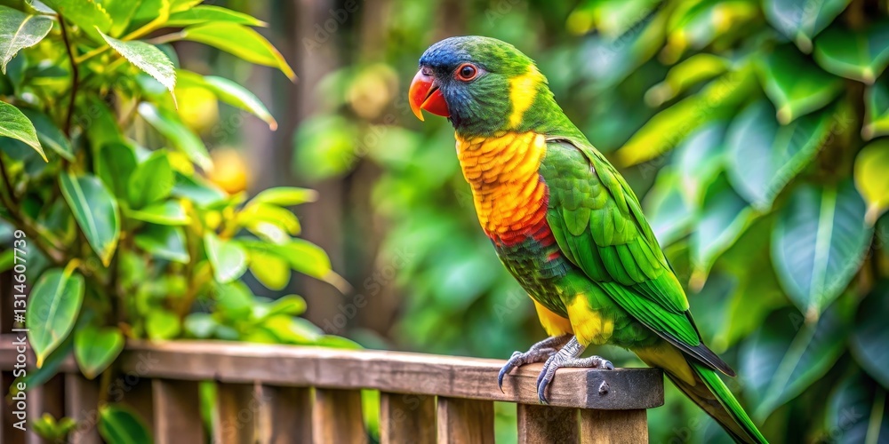 Naklejka premium A vibrant parrot perched on a wooden fence amidst lush green foliage, showcasing its iridescent plumage and striking colors.