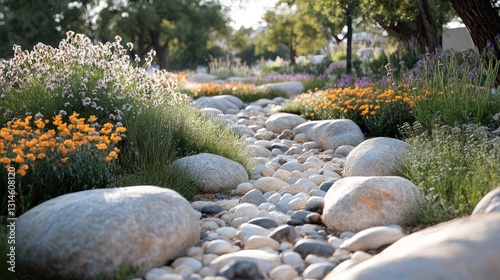 Colorful Landscaping Pathway with Rocks and Flowers