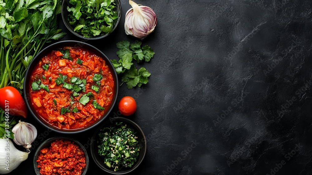 A vibrant bowl of stew sits at the center of a dark background, surrounded by fresh herbs and vegetables. A vibrant bowl of stew sits at the center of a dark background, surrounded by fresh herbs and vegetables.