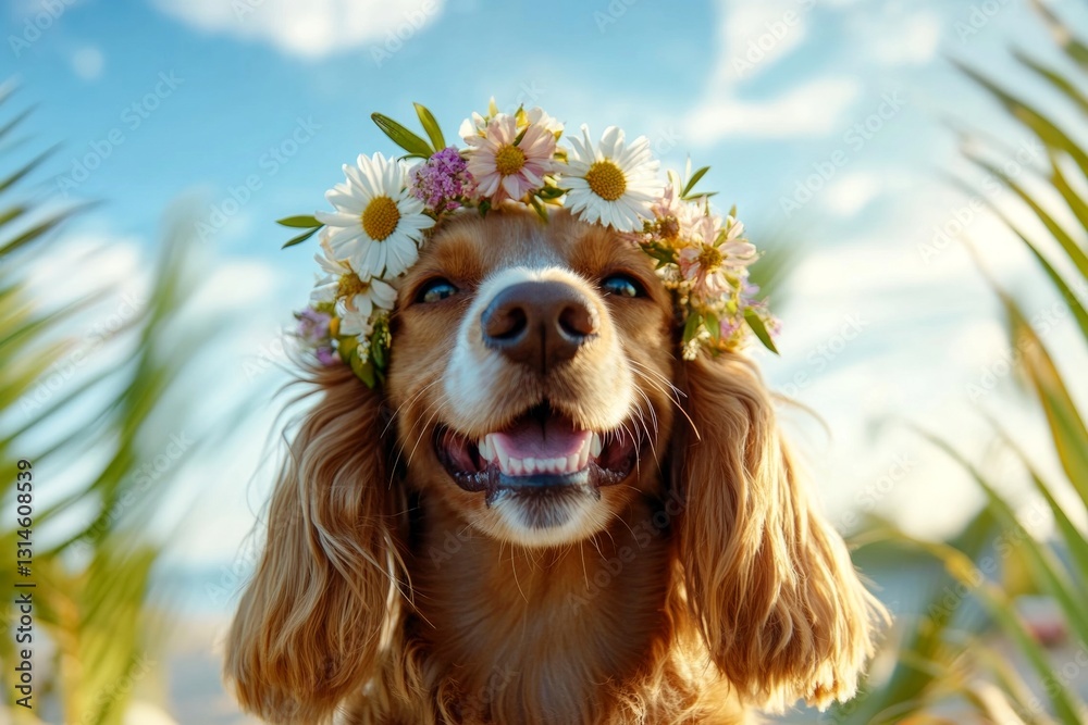 Naklejka premium Cute adult dog cocker spaniel wearing free flower crown on its head. Early sunshine. Sunny days happiness. Fluffy puppy and floral charm. Outdoor happiness for puppies. Happy pet in summer.