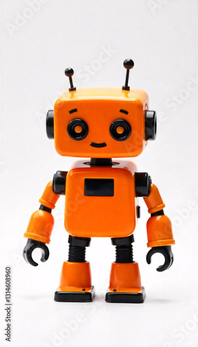 Robot, toy, orange, black, plastic, cute, playful, futuristic, tech, gadget, fun, kid-friendly, modern, bright, colorful, friendly, smiling, eyes, antenna, arms, legs, joints, movable, posable, action photo