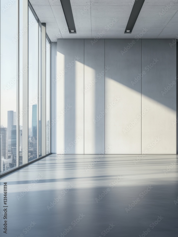 Fototapeta premium Modern office interior with large windows and city skyline view during daylight hours