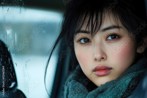 Woman with blue eyes and a scarf gazing at the sunset on a serene beach. photo