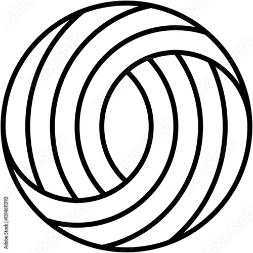 Circular design abstract with interwoven black lines on isolated background. Pattern features dynamic arrangement of curves that appear to loop around a central void, creating sense of depth.