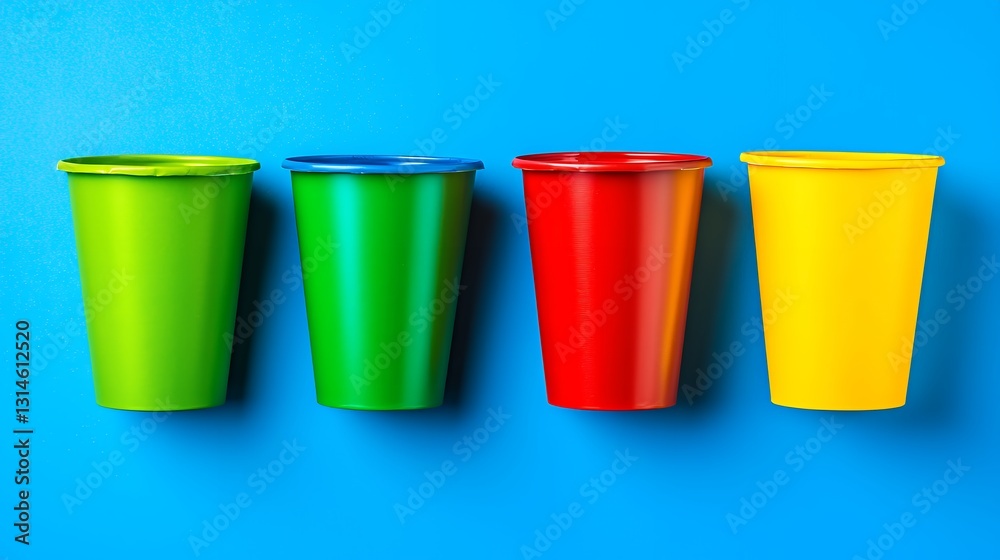 Four Brightly Colored Plastic Cups on a Blue Background Four Brightly Colored Plastic Cups on a Blue Background