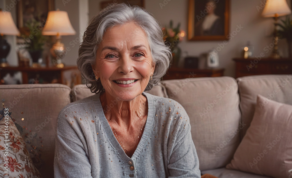 Woman is sitting on a couch and smiling. She is wearing a gray sweater and has a necklace around her neck Woman is sitting on a couch and smiling. She is wearing a gray sweater and has a necklace around her neck