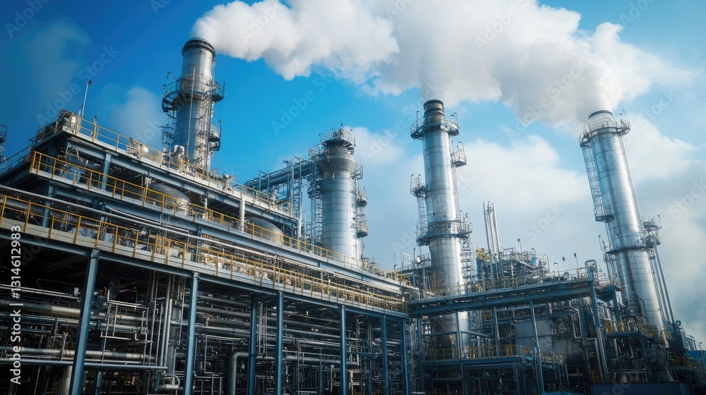 Industrial complex, refinery plant, large metal structures, under a blue sky Industrial complex, refinery plant, large metal structures, under a blue sky