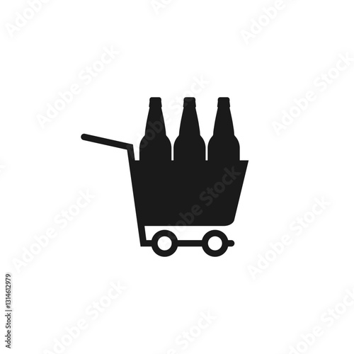 Beer bottles in a shopping cart. Isolated vector icon and black silhouette on white background.