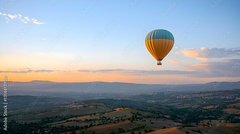 Fototapeta premium Hot Air Balloon Soaring At Golden Hour Over Scenic Cappadocia Landscape During Sunrise