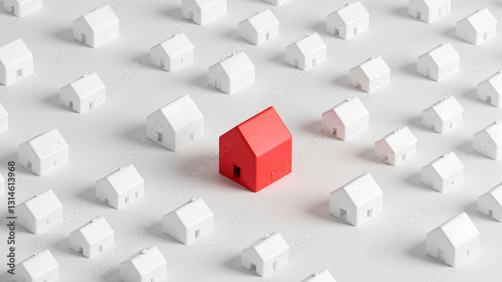 A striking red house stands out among numerous small white houses, symbolizing uniqueness and individuality in a uniform setting. A striking red house stands out among numerous small white houses, symbolizing uniqueness and individuality in a uniform setting.