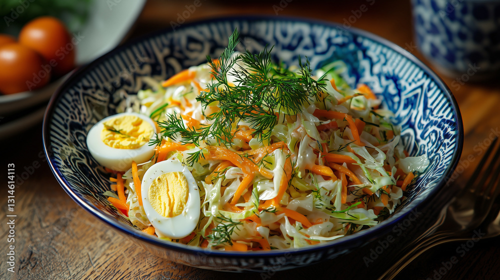 Fresh cabbage and carrot salad with boiled eggs, garnished with dill, served in a decorative blue bowl on a wooden table Fresh cabbage and carrot salad with boiled eggs, garnished with dill, served in a decorative blue bowl on a wooden table