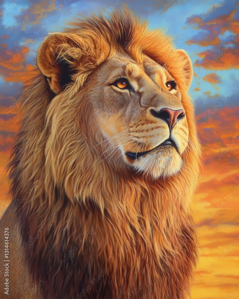 Fototapeta premium Majestic African Lion Exuding Regal Power and Noble Grace Amidst the Golden Savanna Under a Vibrant Sky