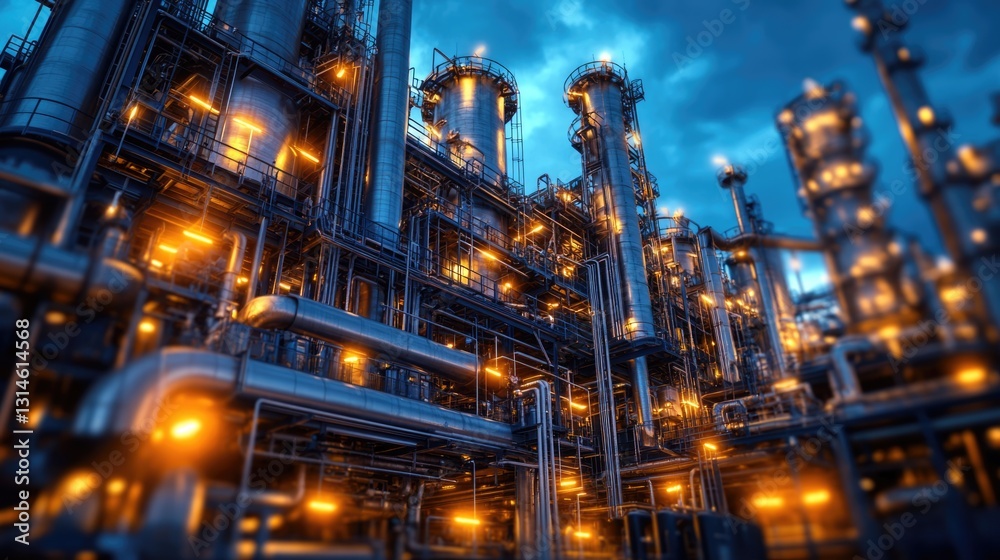 Industrial Complex at Night: Steel Structures and Bright Lights Industrial Complex at Night: Steel Structures and Bright Lights