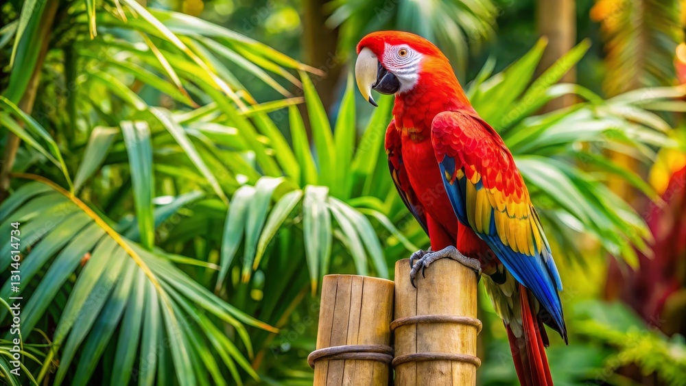 Vibrant Scarlet Macaw Perched on Wooden Post Amid Lush Tropical Foliage Vibrant Scarlet Macaw Perched on Wooden Post Amid Lush Tropical Foliage
