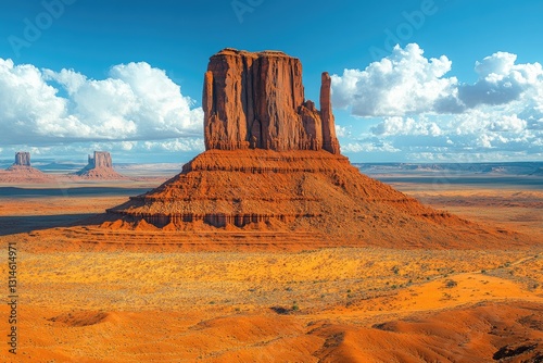 Aerial view of the vast desert landscape with towering rock formations in red and brown hues, captured under clear blue skies