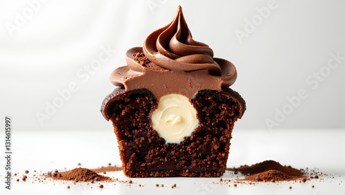 A delicious chocolate cupcake with a creamy filling, topped with rich chocolate frosting, set against a clean, minimalist background.