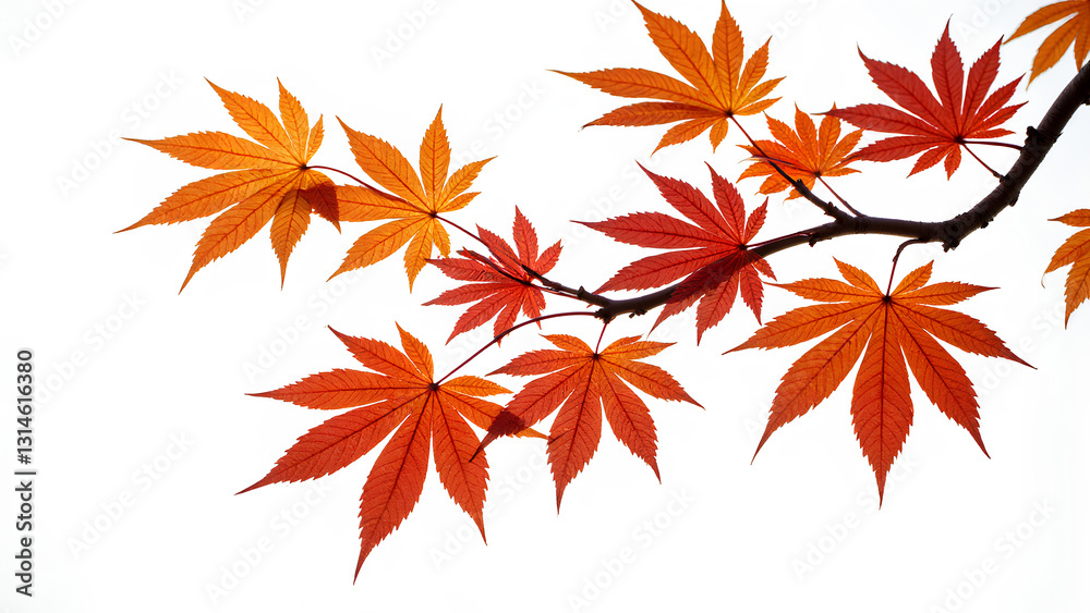 A branch of vibrant autumn leaves in shades of red and orange against a bright white background. A branch of vibrant autumn leaves in shades of red and orange against a bright white background.