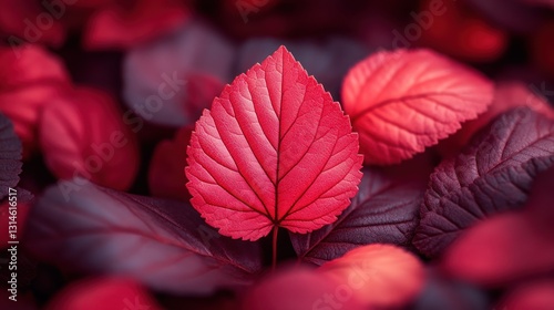 Crimson Leaf Amongst Burgundy Foliage: A Stunning Autumnal Macro photo