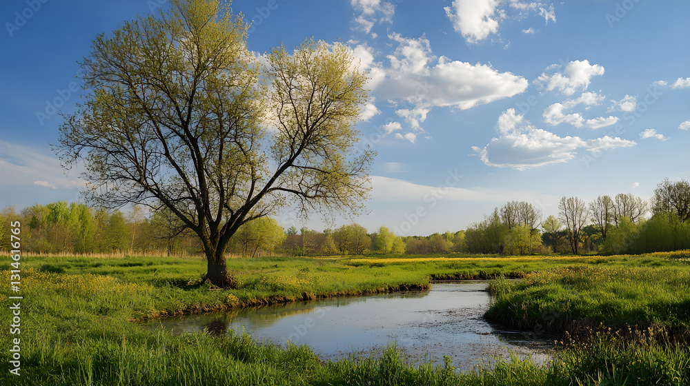Spring Tree by the Stream Bathed in Warm Sunlight
