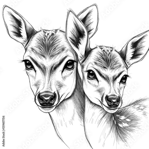 Mother deer and fawn together, affectionate and nurturing, black and white illustration, copy space