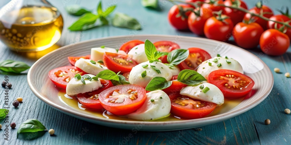 A vibrant and refreshing summer salad featuring creamy mozzarella cheese, juicy ripe tomatoes, and fragrant basil leaves, drizzled with a light olive oil dressing. A vibrant and refreshing summer salad featuring creamy mozzarella cheese, juicy ripe tomatoes, and fragrant basil leaves, drizzled with a light olive oil dressing.