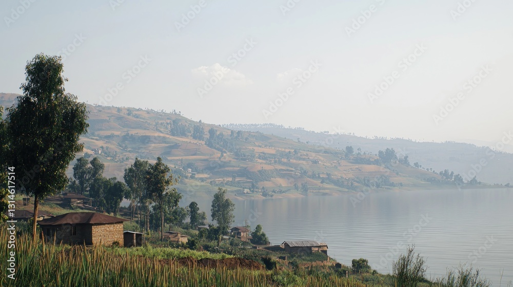 Fototapeta premium Misty morning view of a village nestled on a hillside overlooking a lake