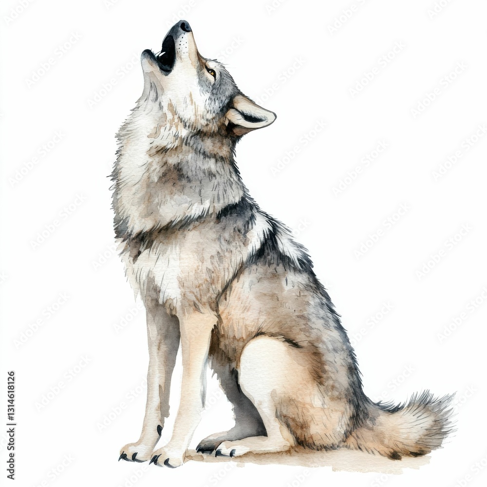 Fototapeta premium Wolf Watercolor Howling Illustration. Grey Coyote Animal Hand Drawn Portrait in Forest Wild Predator Scene