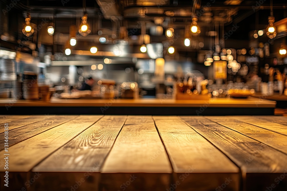 Rustic wooden bar table top with blurred restaurant background Rustic wooden bar table top with blurred restaurant background